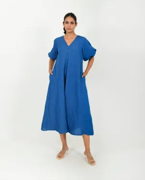 Blue Cotton Dress With Puffed Sleeves