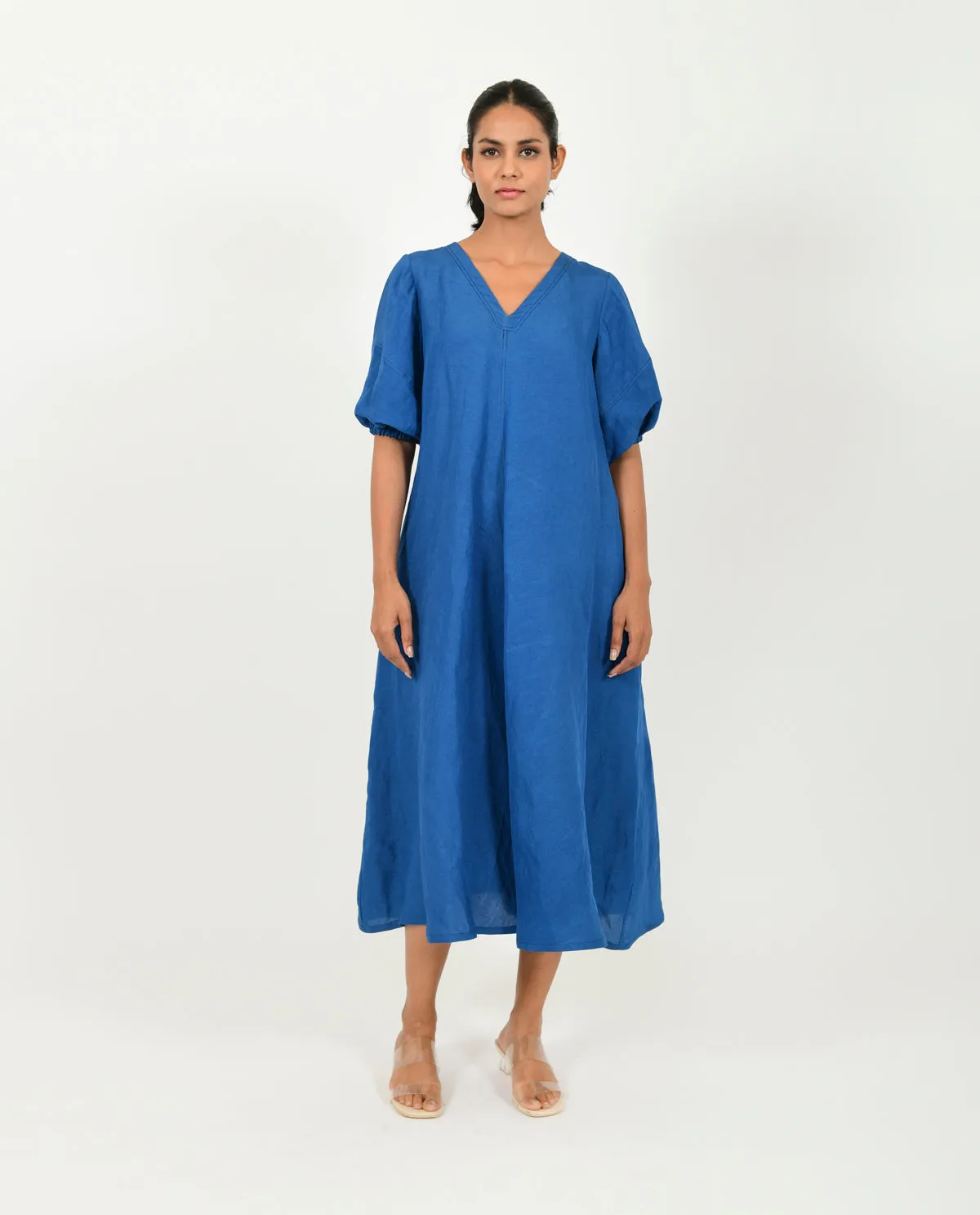 Blue Cotton Dress With Puffed Sleeves