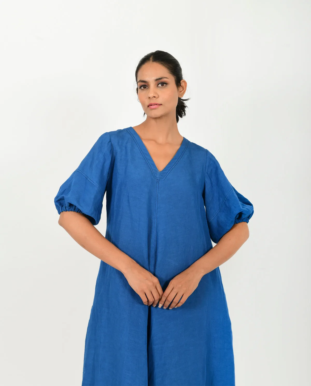 Blue Cotton Dress With Puffed Sleeves