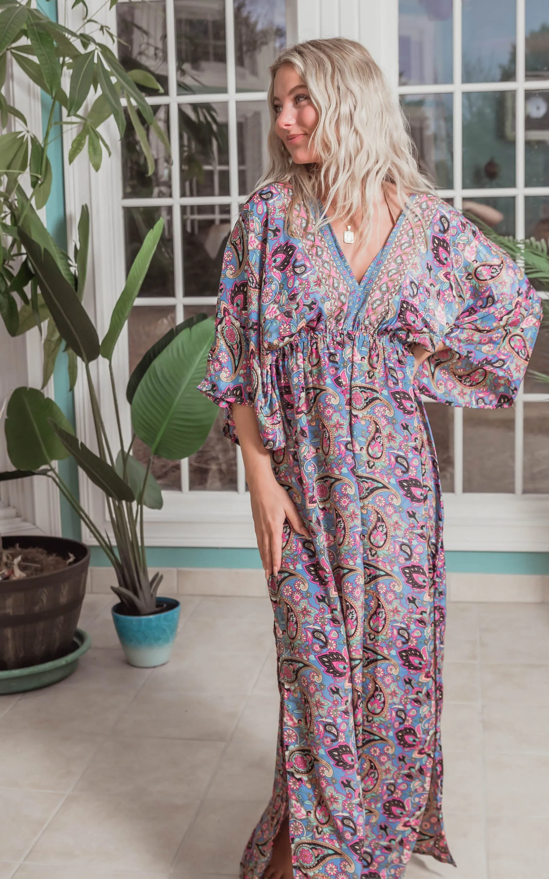 Blue Paisley Kimono Maxi Dress - Blue/Pink/Black -Final Sale*