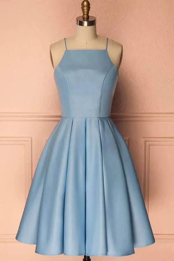 Blue Satin Halter A-line Homecoming Dress, Party Dress, Short Prom Dress, SH566