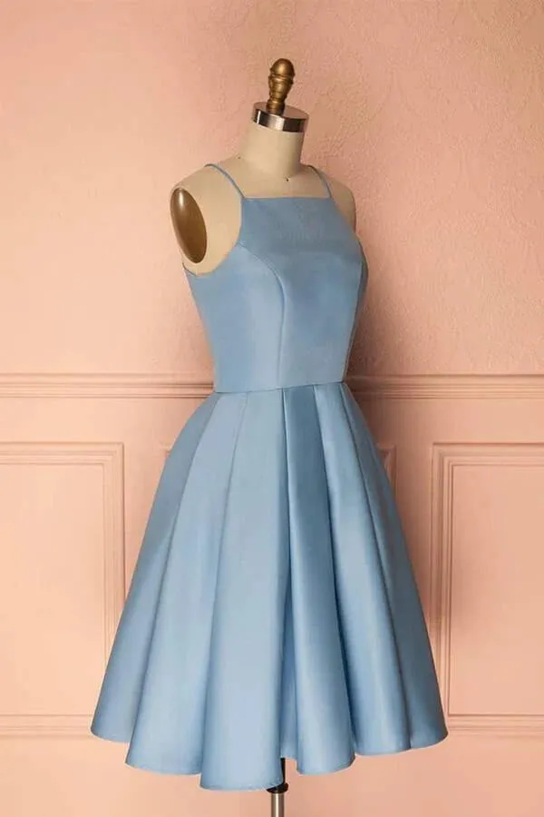 Blue Satin Halter A-line Homecoming Dress, Party Dress, Short Prom Dress, SH566