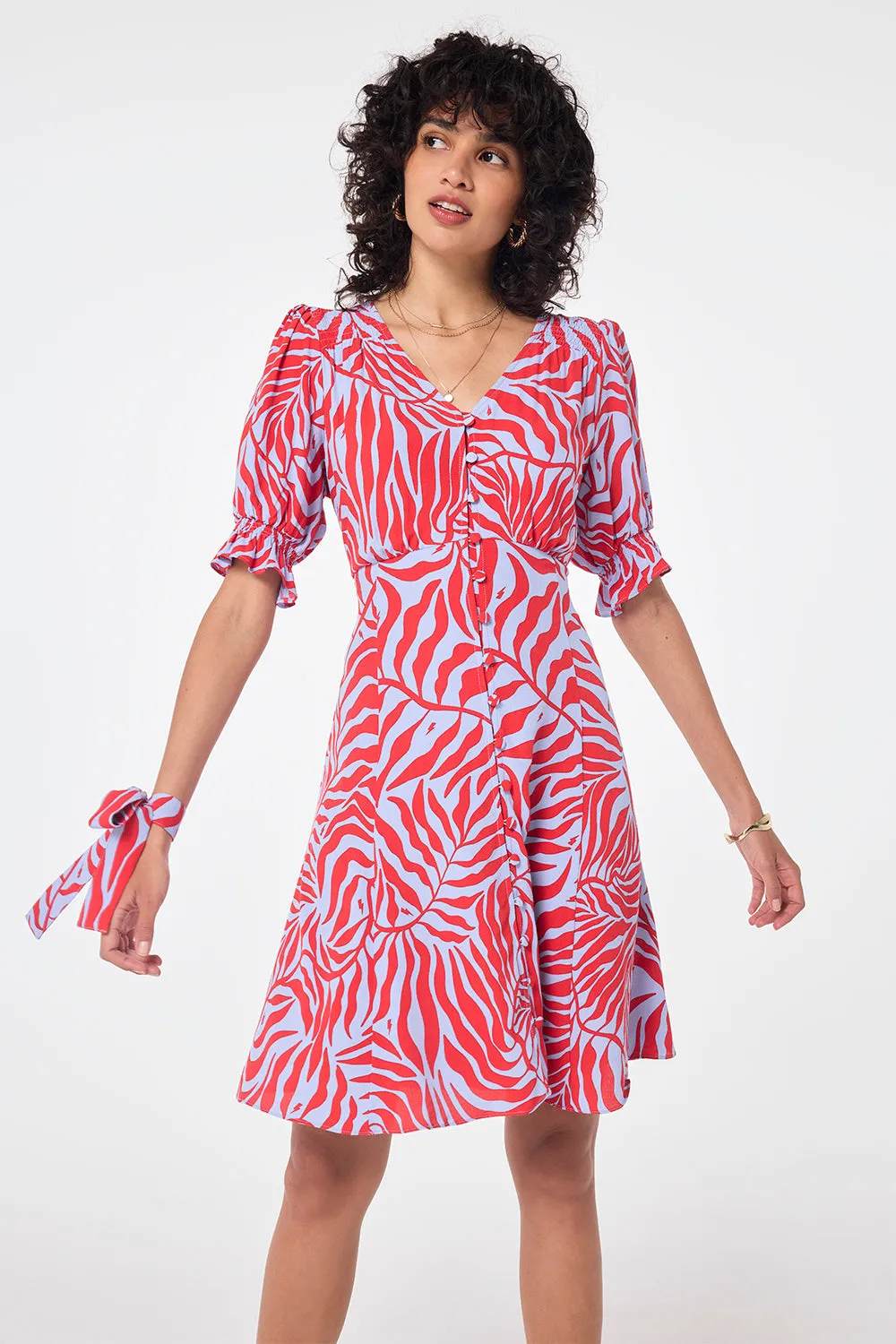 Blue with Red Palm Short Tea Dress