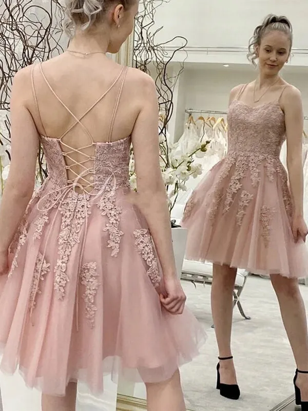 Blush Pink Tulle Lace A-line Sweetheart Neck Short Homecoming Dresses, SH596