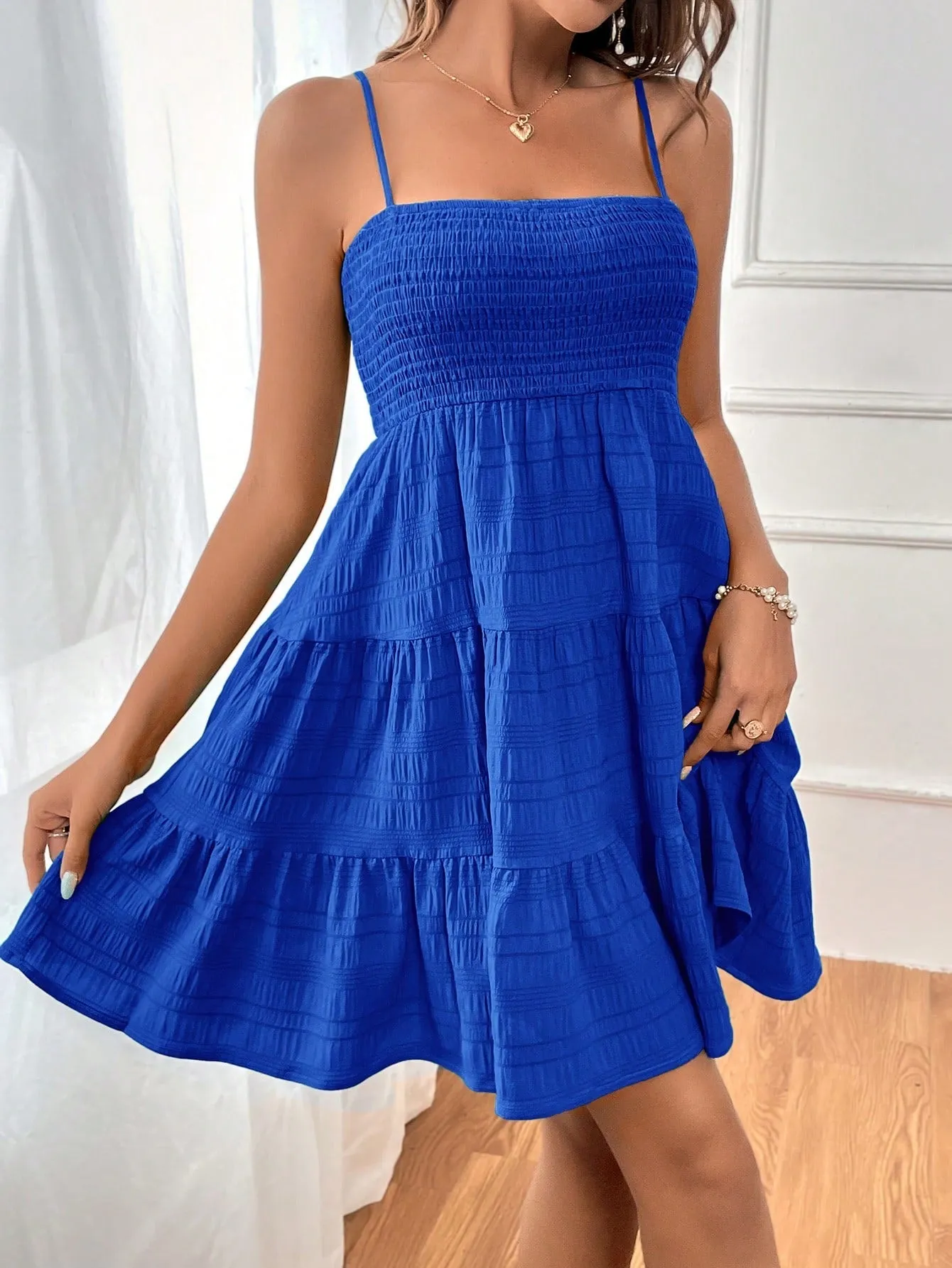 Boho Blue Ruffle Hem Cami Dress - Sleeveless, High Waist, Mini Length