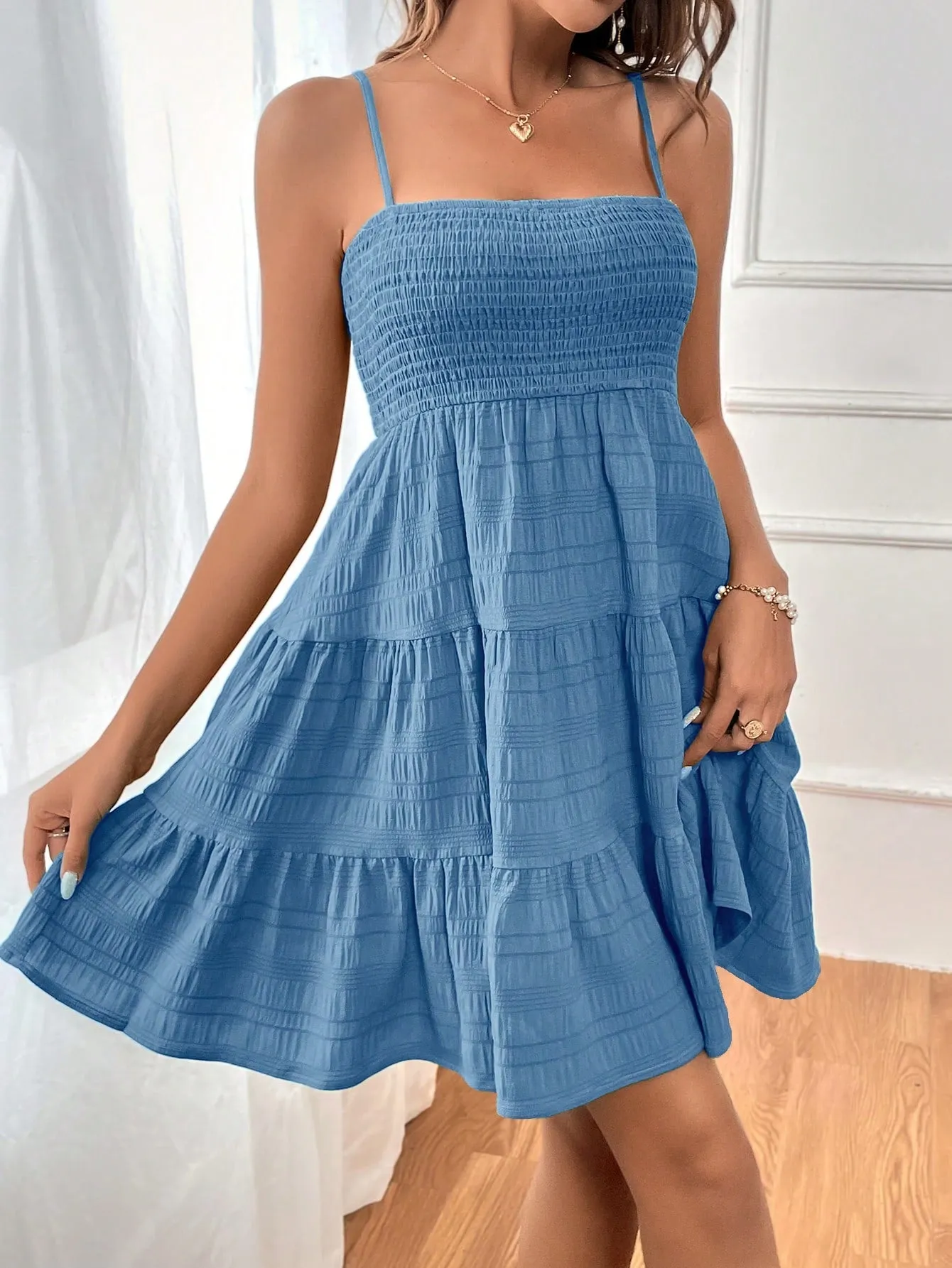 Boho Blue Ruffle Hem Cami Dress - Sleeveless, High Waist, Mini Length