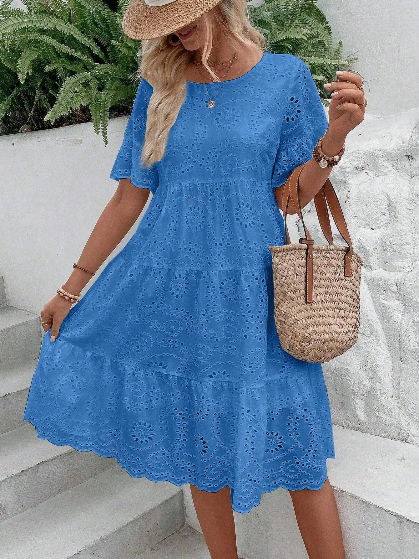 Boho Eyelet Embroidery Ruffle Hem Midi Dress - Short Sleeve, High Waist, Flounce Hem