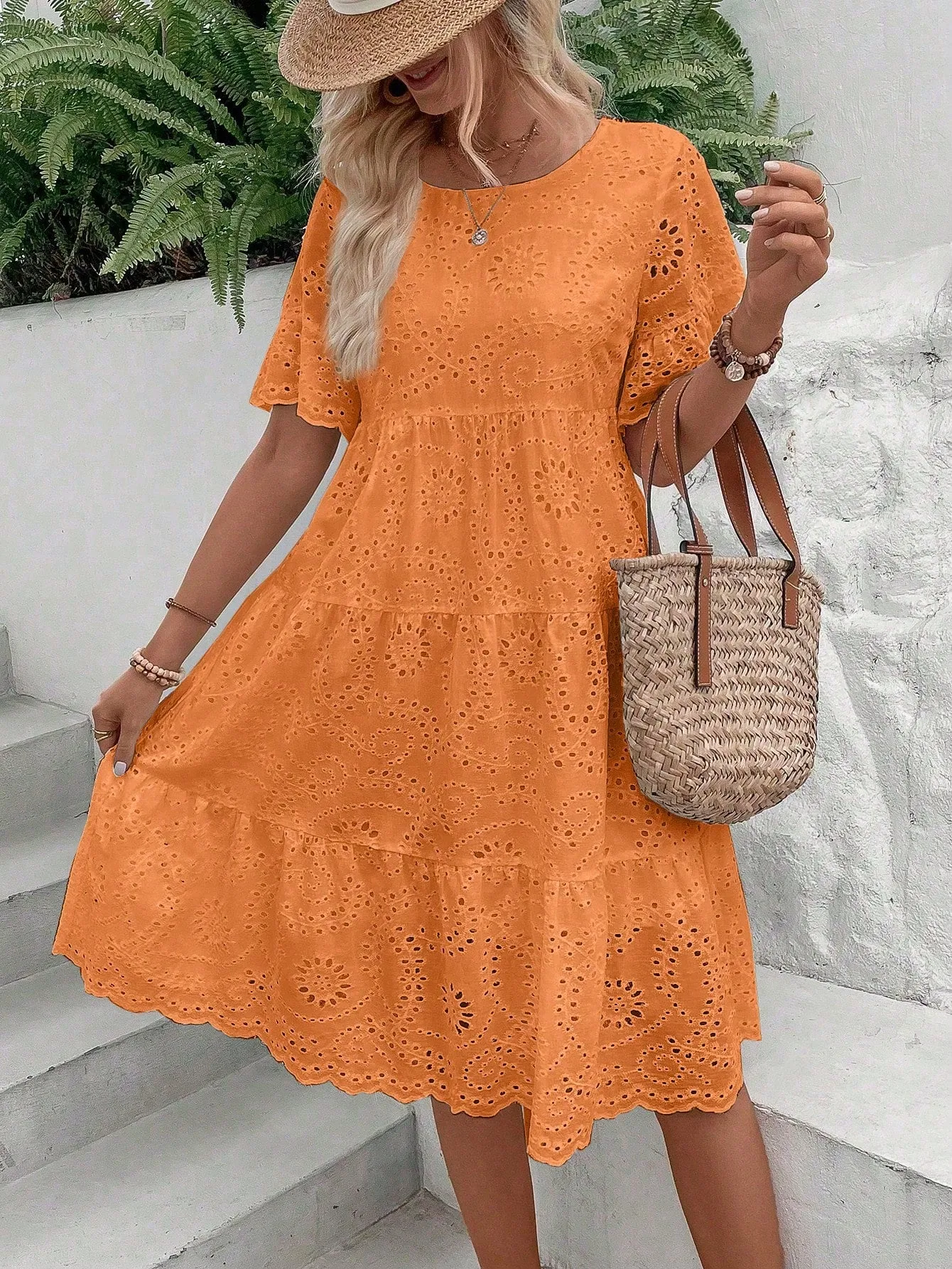 Boho Eyelet Embroidery Ruffle Hem Midi Dress - Short Sleeve, High Waist, Flounce Hem