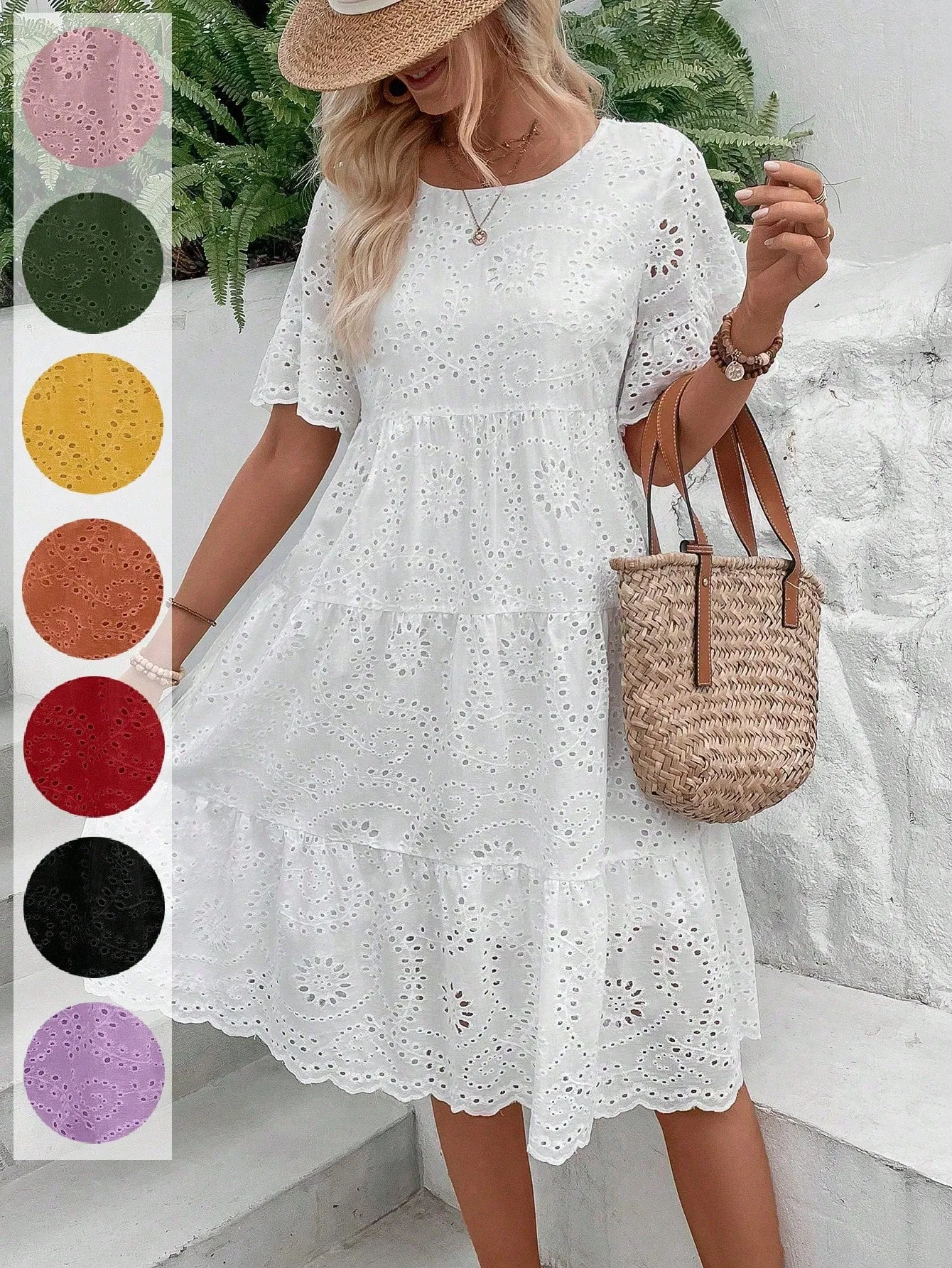 Boho Eyelet Embroidery Ruffle Hem Midi Dress - Short Sleeve, High Waist, Flounce Hem