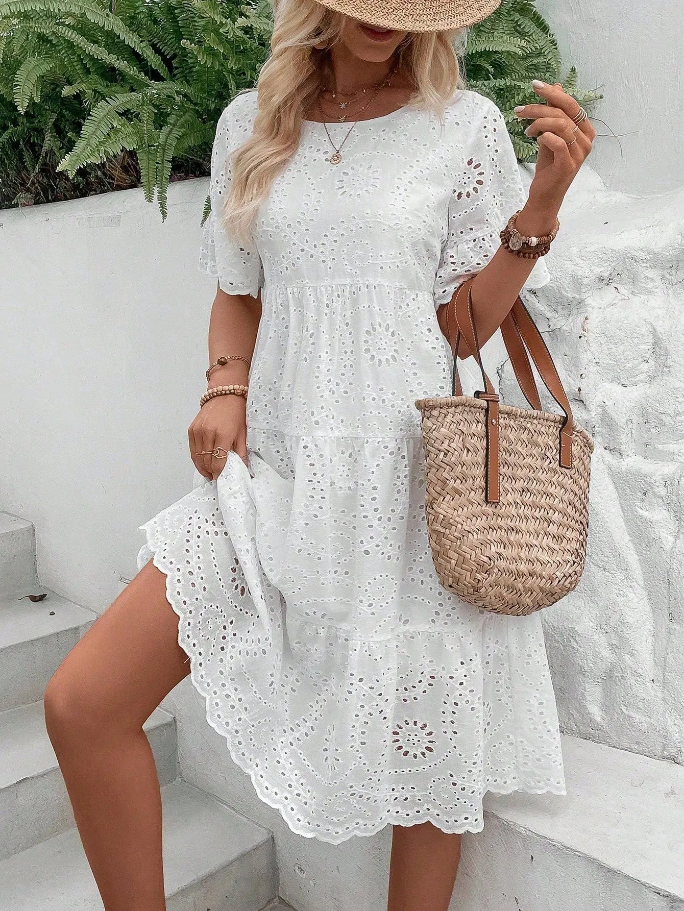 Boho Eyelet Embroidery Ruffle Hem Midi Dress - Short Sleeve, High Waist, Flounce Hem