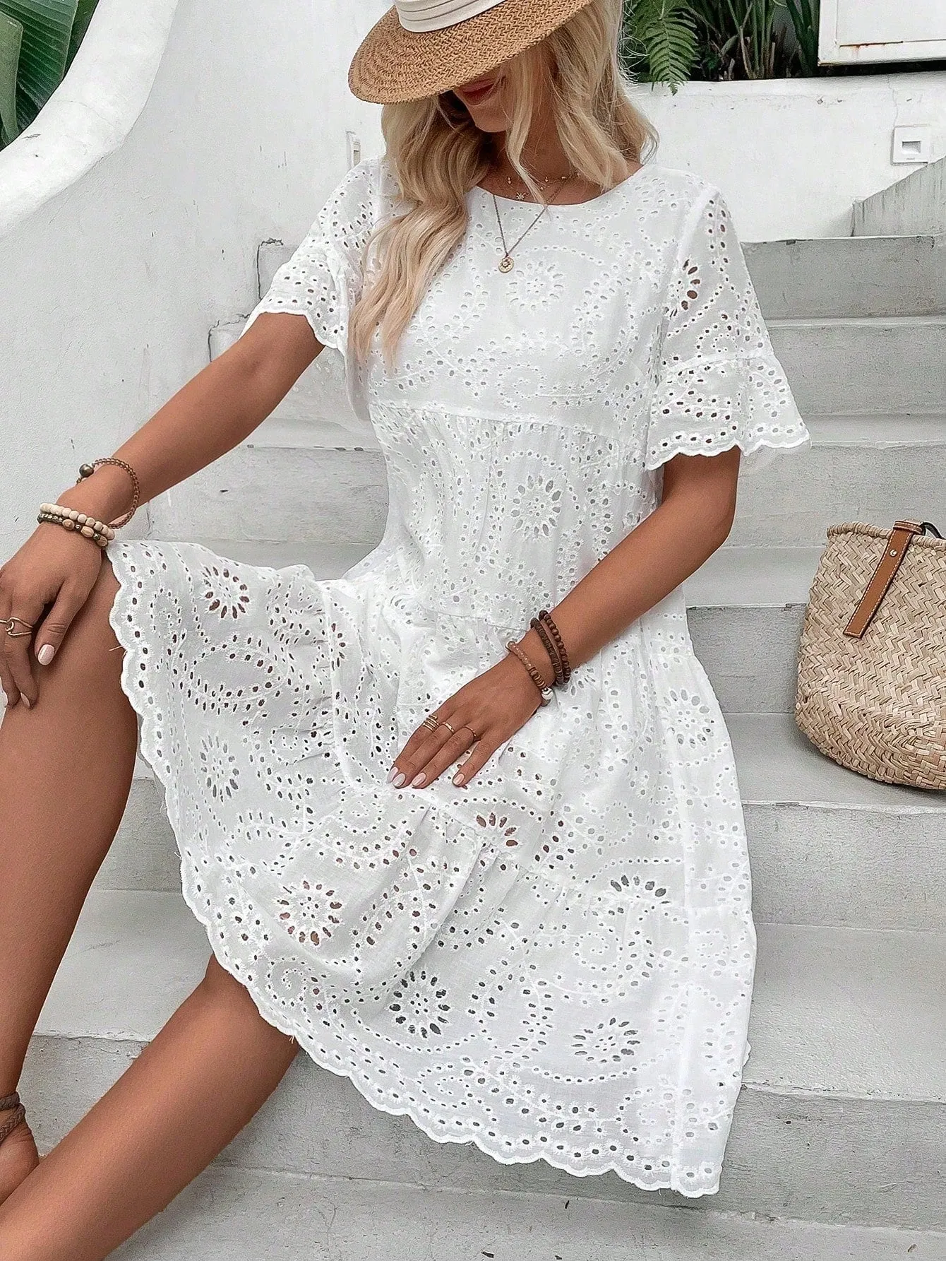 Boho Eyelet Embroidery Ruffle Hem Midi Dress - Short Sleeve, High Waist, Flounce Hem