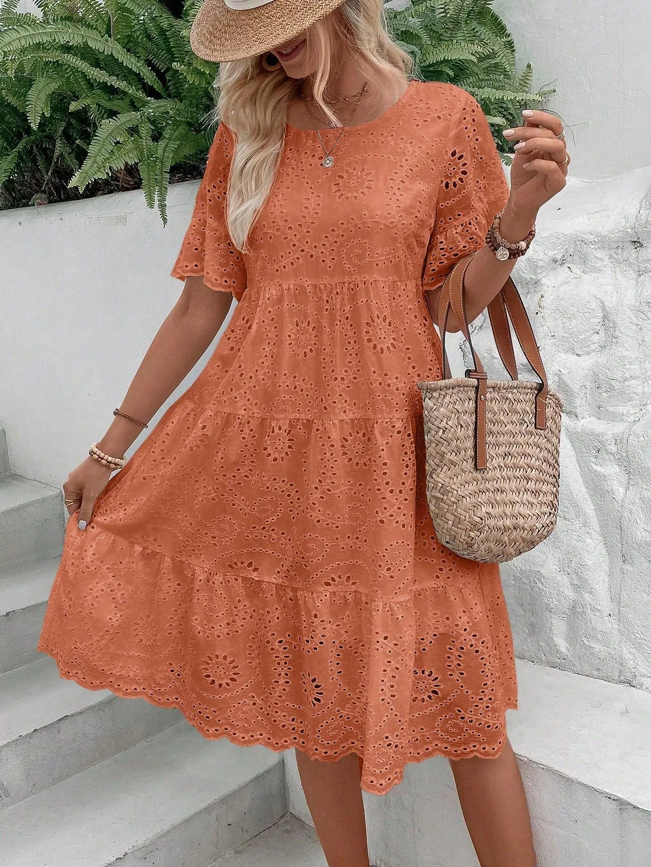 Boho Eyelet Embroidery Ruffle Hem Midi Dress - Short Sleeve, High Waist, Flounce Hem