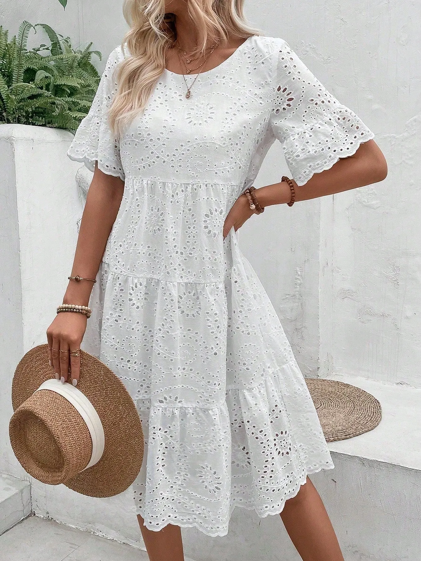 Boho Eyelet Embroidery Ruffle Hem Midi Dress - Short Sleeve, High Waist, Flounce Hem