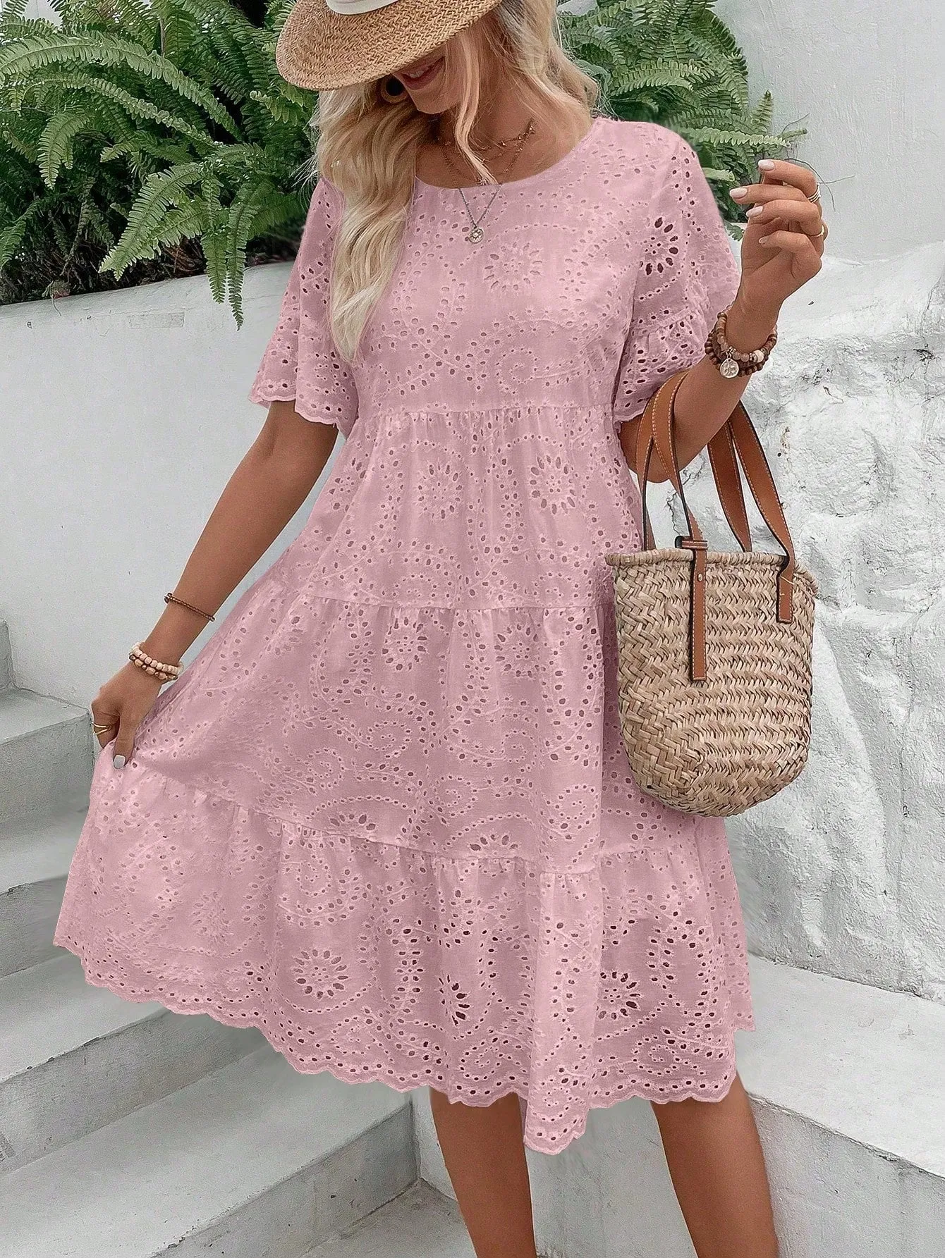 Boho Eyelet Embroidery Ruffle Hem Midi Dress - Short Sleeve, High Waist, Flounce Hem