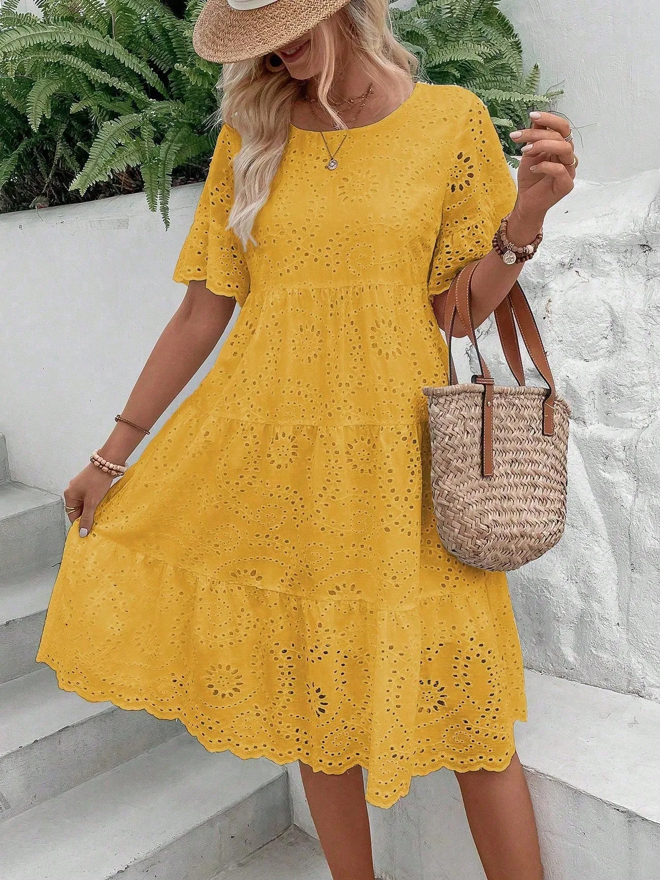 Boho Eyelet Embroidery Ruffle Hem Midi Dress - Short Sleeve, High Waist, Flounce Hem