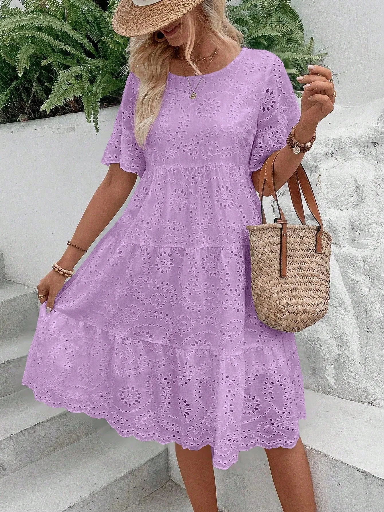 Boho Eyelet Embroidery Ruffle Hem Midi Dress - Short Sleeve, High Waist, Flounce Hem