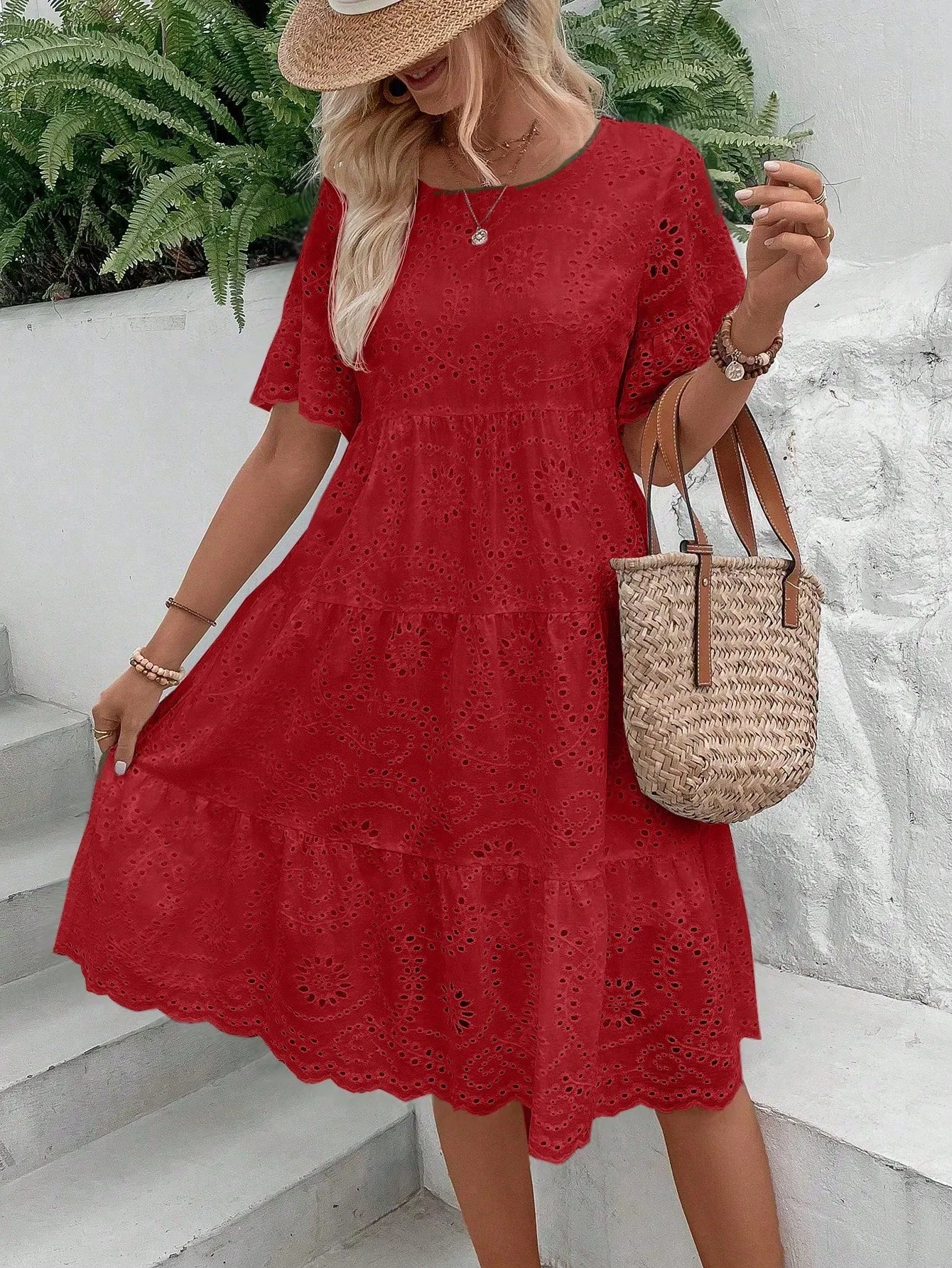 Boho Eyelet Embroidery Ruffle Hem Midi Dress - Short Sleeve, High Waist, Flounce Hem