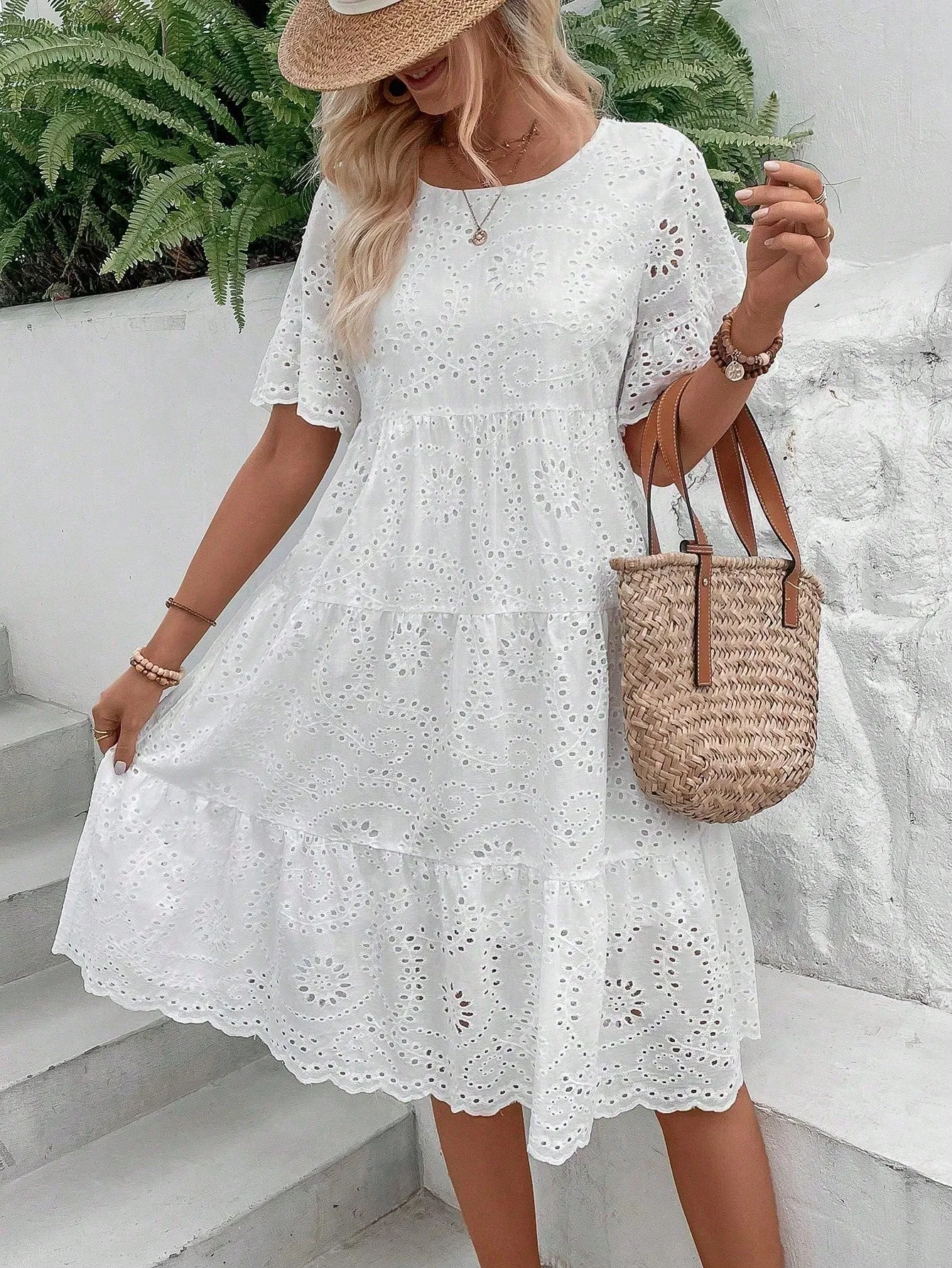 Boho Eyelet Embroidery Ruffle Hem Midi Dress - Short Sleeve, High Waist, Flounce Hem