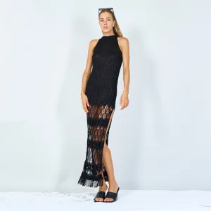 Boho fringe-hem knit maxi dress wholesale