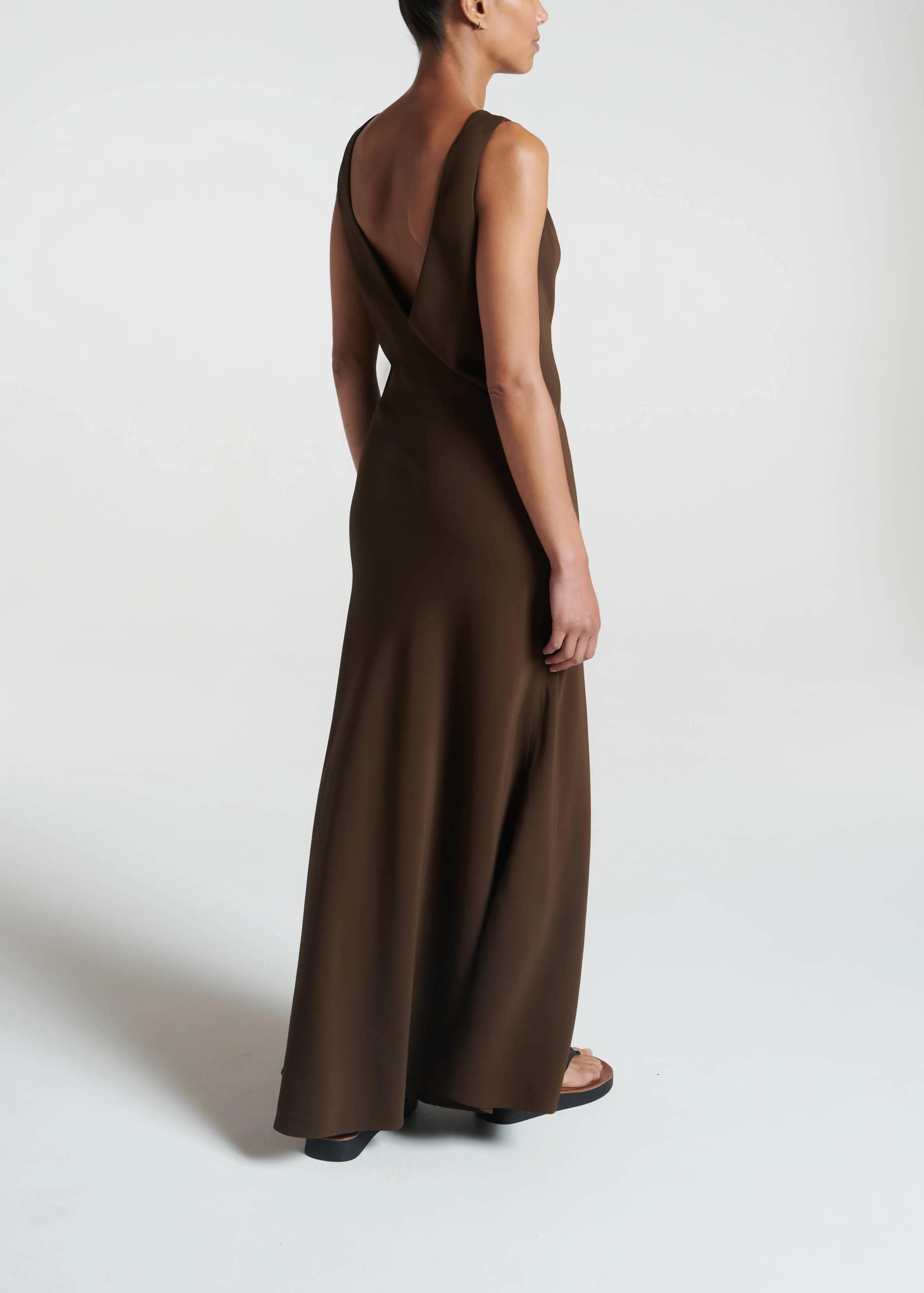 Bordeaux Coffee Viscose Crepe Long Dress