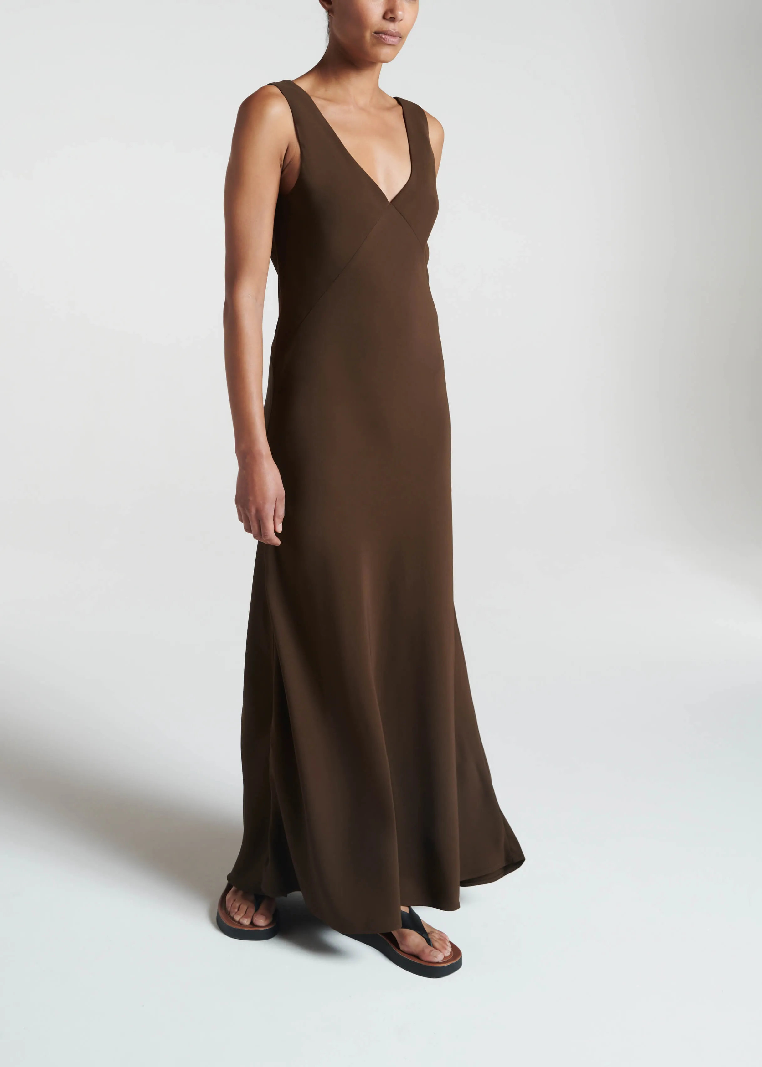 Bordeaux Coffee Viscose Crepe Long Dress