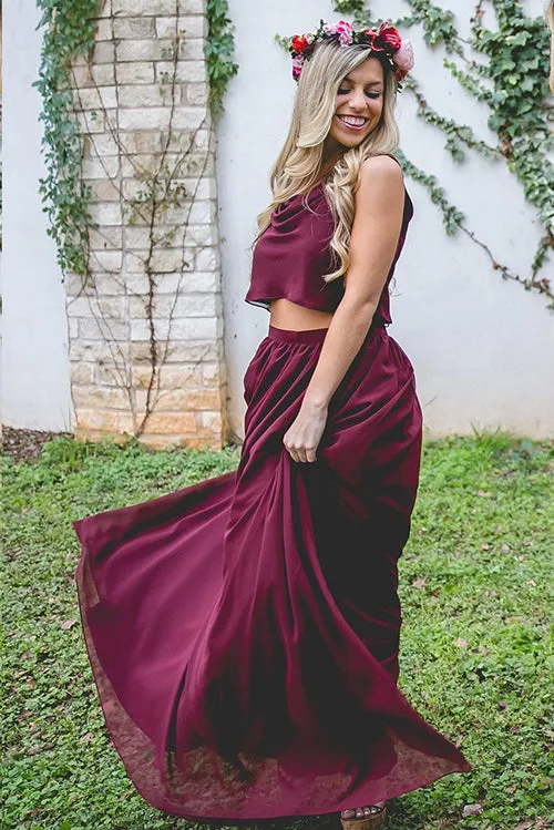 Burgundy Chiffon Two Piece Bohemia A Line Long Bridesmaid Dresses, BD099