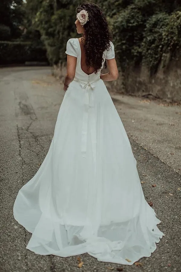 Chiffon A-line V-neck Short Sleeves Simple Wedding Dresses, Bridal Gowns, SW577