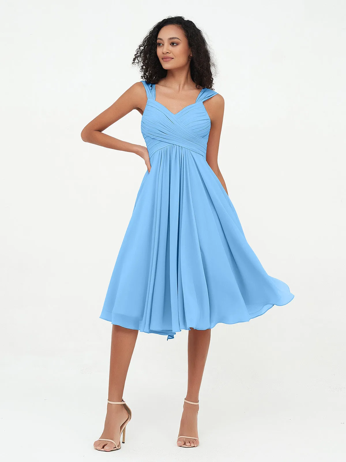 Chiffon Empire Short Dresses with Pockets-Blue