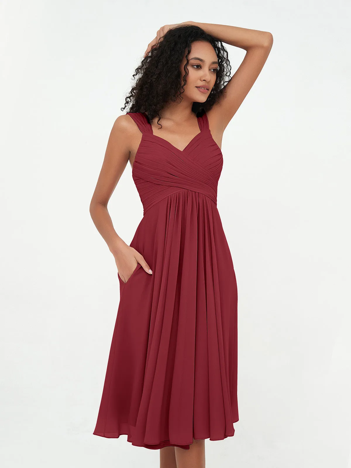 Chiffon Empire Short Dresses with Pockets-Burgundy Plus Size