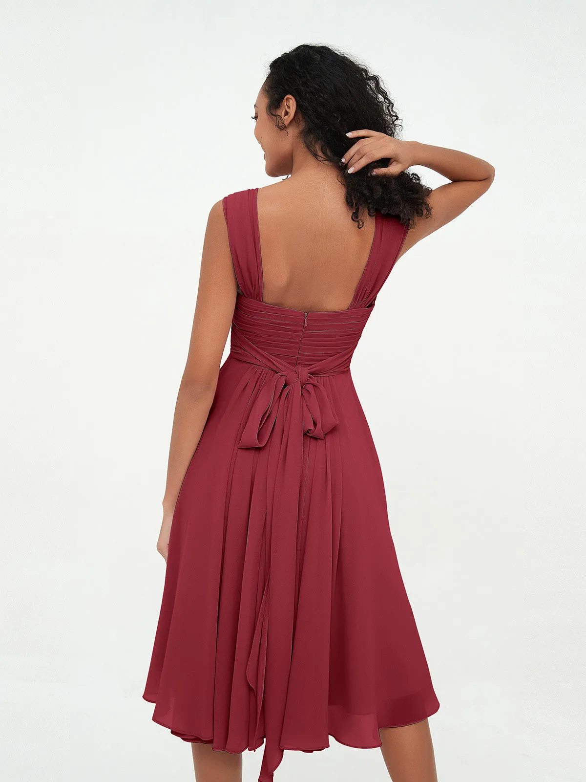 Chiffon Empire Short Dresses with Pockets-Burgundy Plus Size