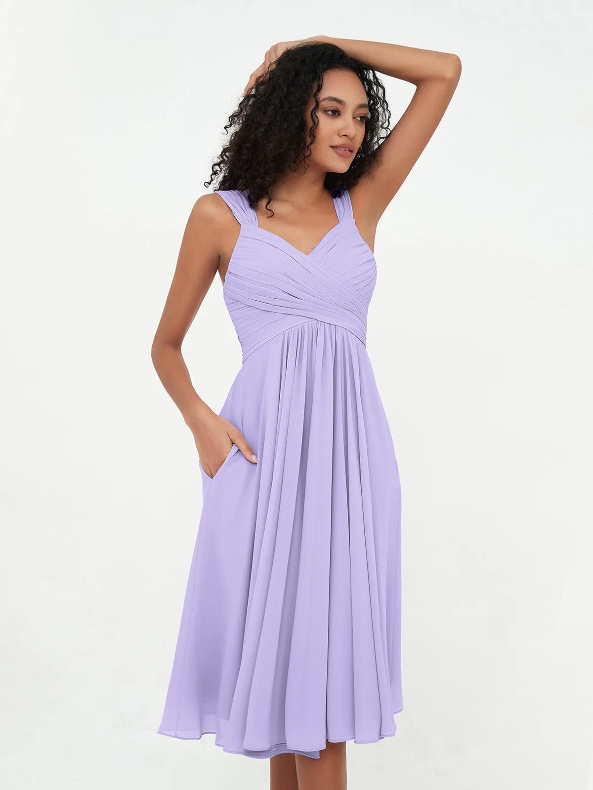 Chiffon Empire Short Dresses with Pockets-Lilac Plus Size