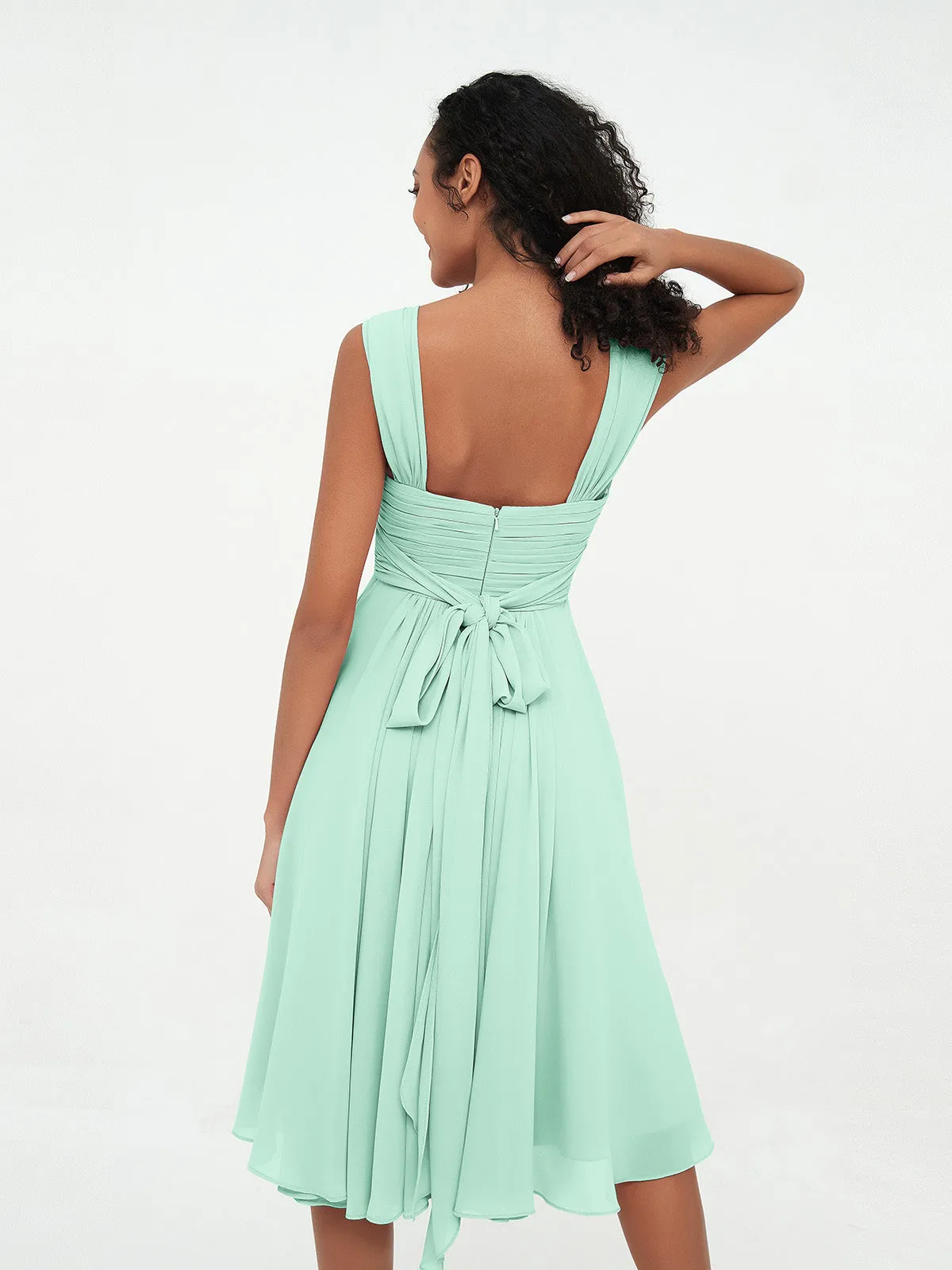 Chiffon Empire Short Dresses with Pockets-Mint Green