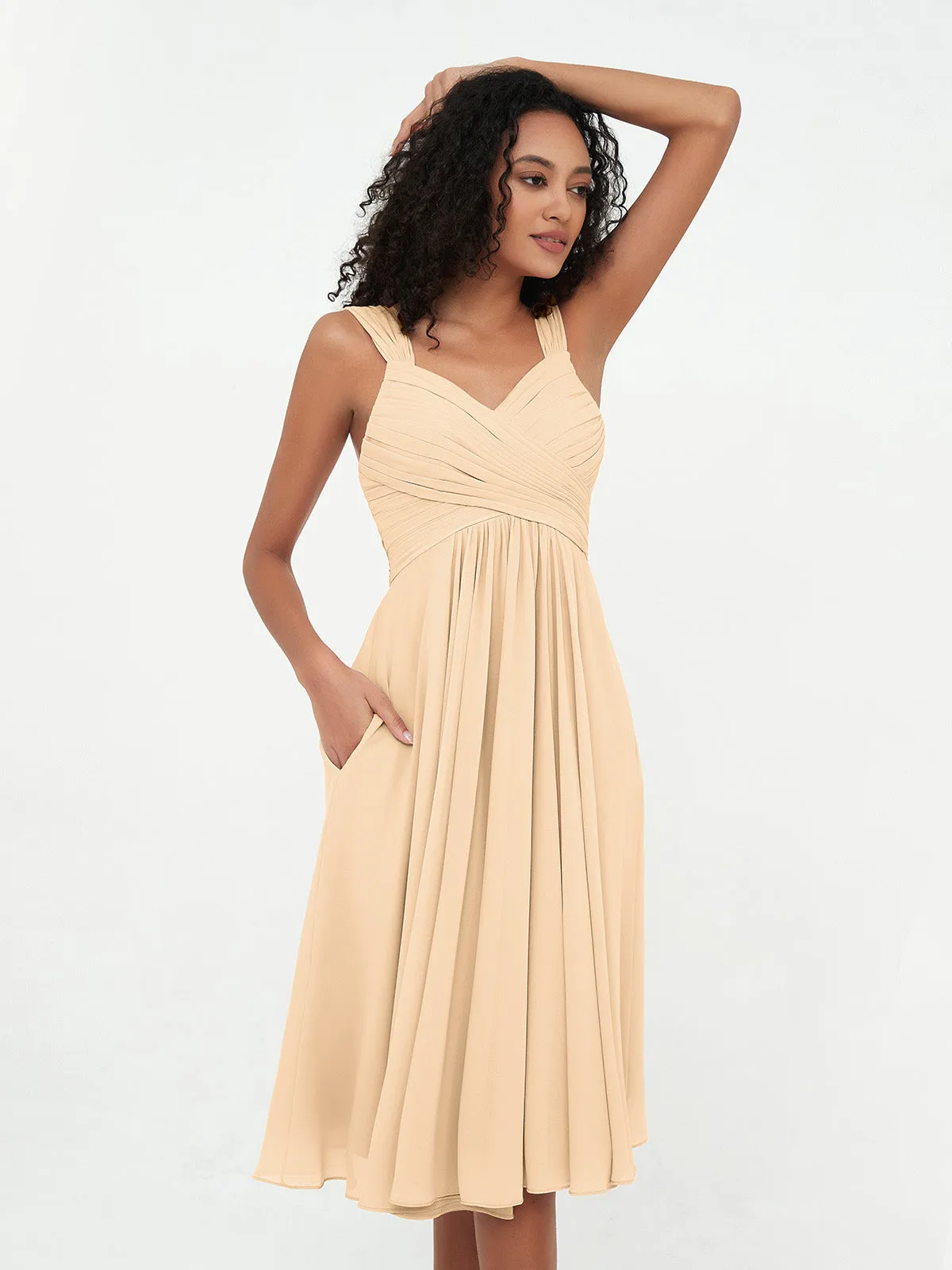 Chiffon Empire Short Dresses with Pockets-Peach