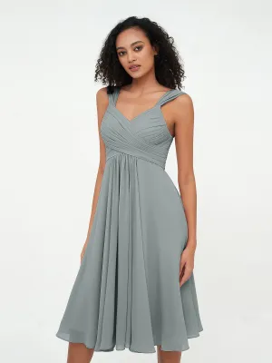 Chiffon Empire Short Dresses with Pockets-Steel Grey