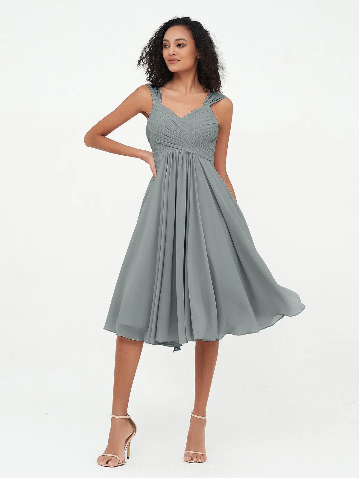 Chiffon Empire Short Dresses with Pockets-Steel Grey