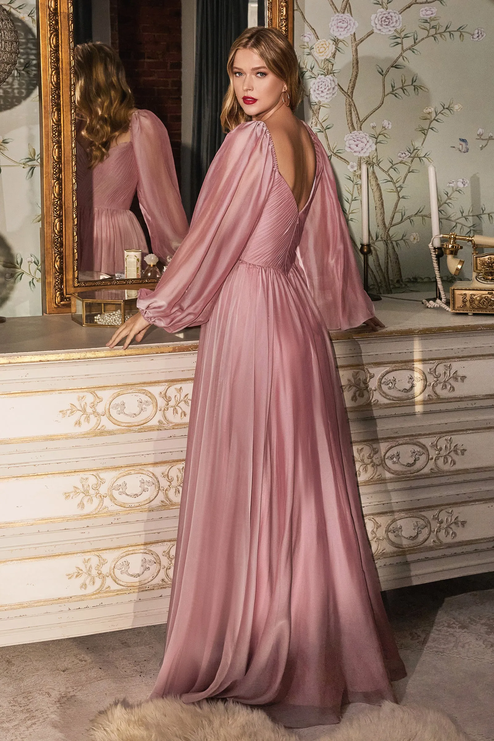 CINDERELLA DIVINE CD243 A-Line Long Sleeve Chiffon Gown