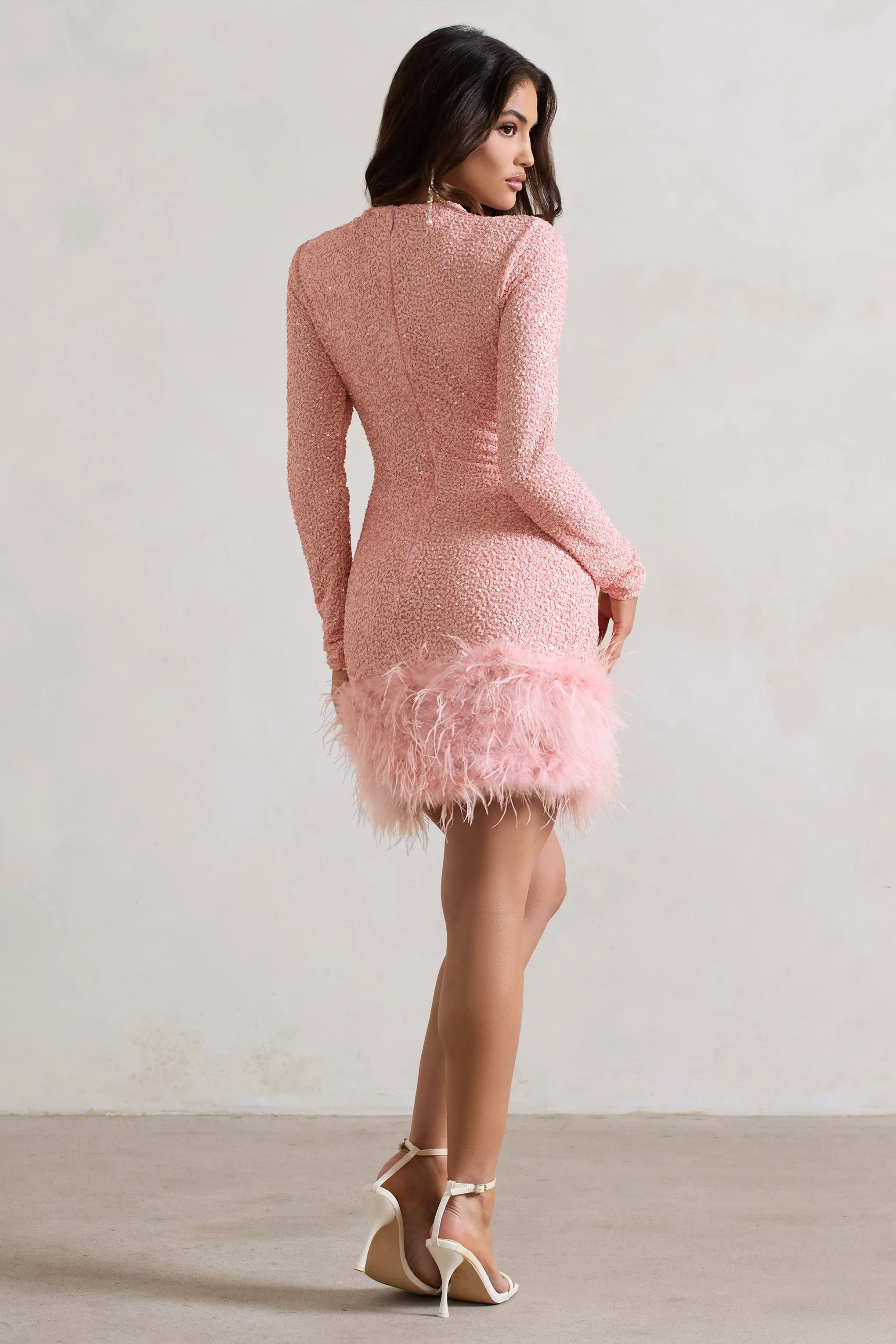 Claudia | Pink Sequin High Neck Feather Hem Mini Dress With Long Sleeves