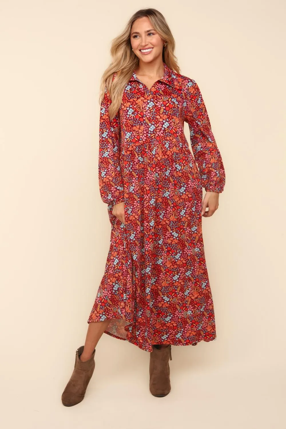 Collared Floral Maxi Dress - Burgundy