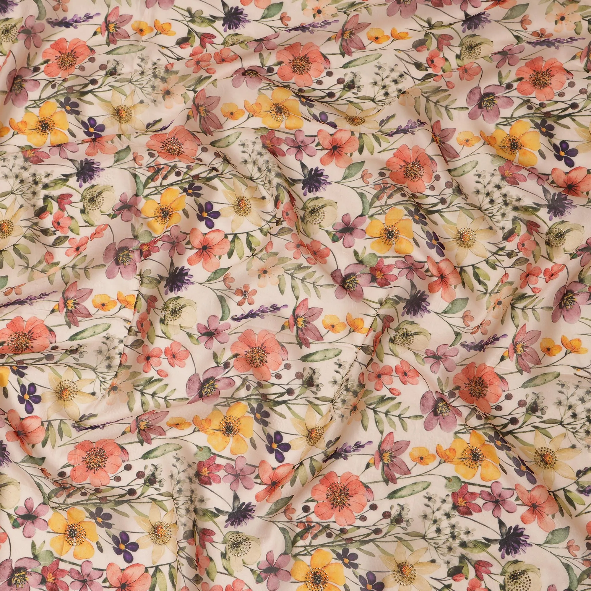 Cream Synthetic Viscose Fabric with Multicolor Floral Print and Stone Work, 110 cm Width-D20583