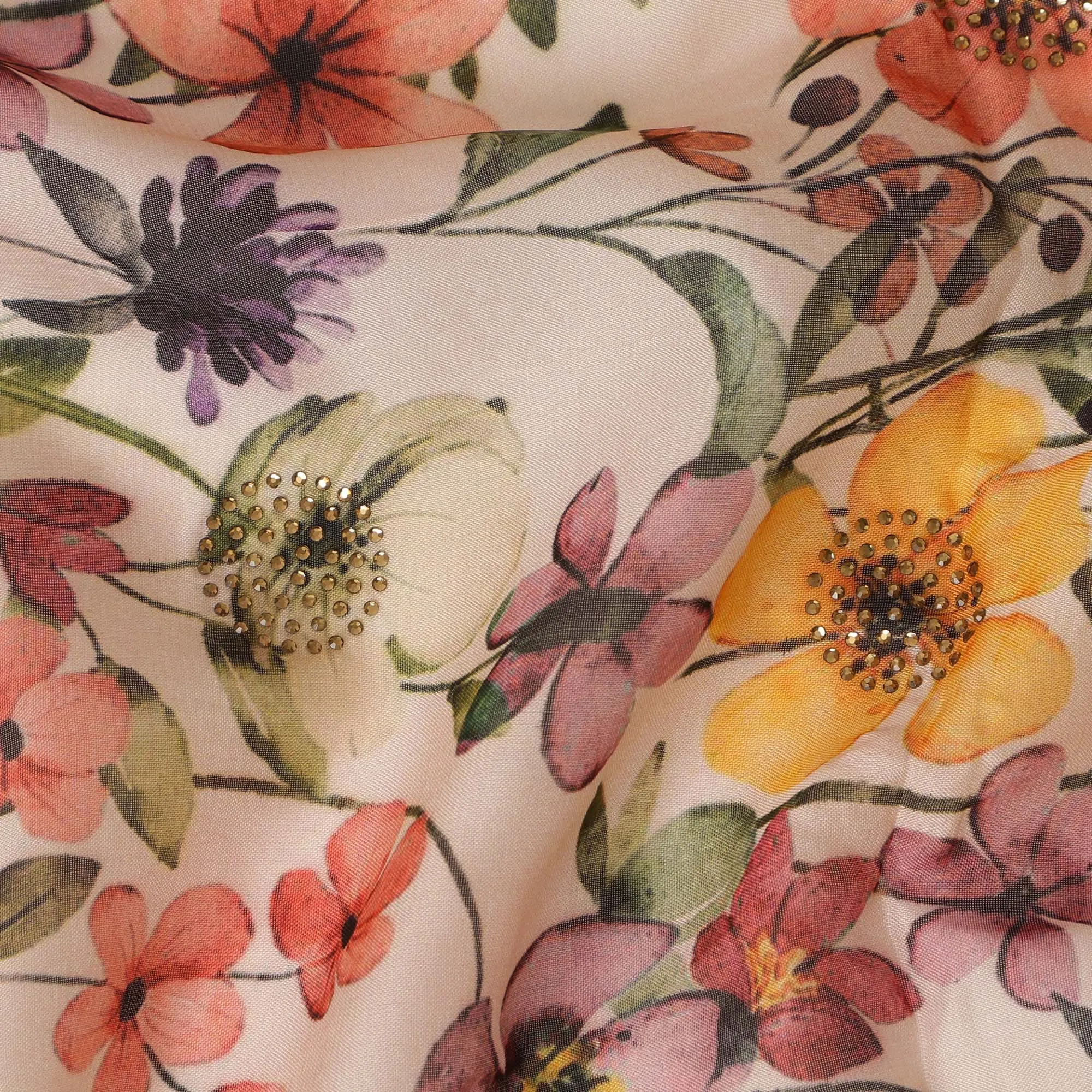 Cream Synthetic Viscose Fabric with Multicolor Floral Print and Stone Work, 110 cm Width-D20583