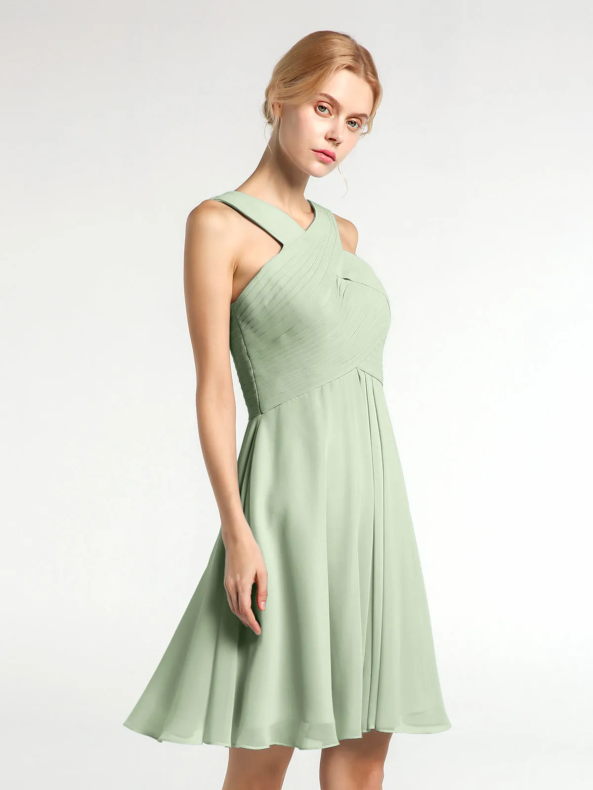 Cross Front Empire Waist Short Bridesmaid Dress Dusty Sage