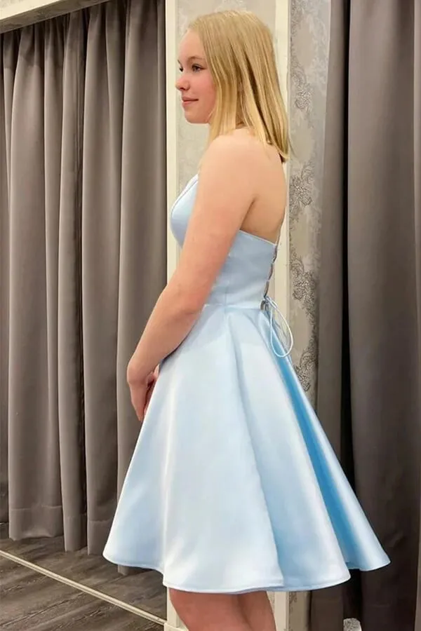 Cute Light Blue Satin Backless Homecoming Dresses, Short Prom Dresses, SH588