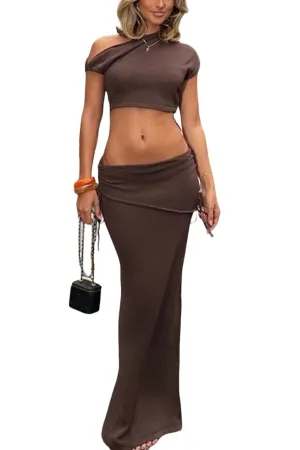 Daisy - Asymmetrical Neck Ruched Top & Split Maxi Skirt Set