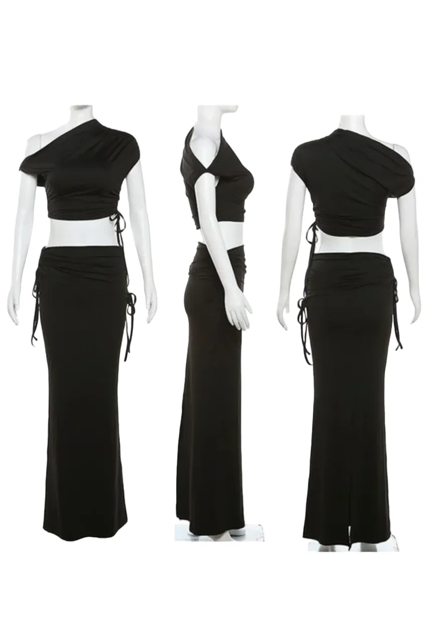 Daisy - Asymmetrical Neck Ruched Top & Split Maxi Skirt Set