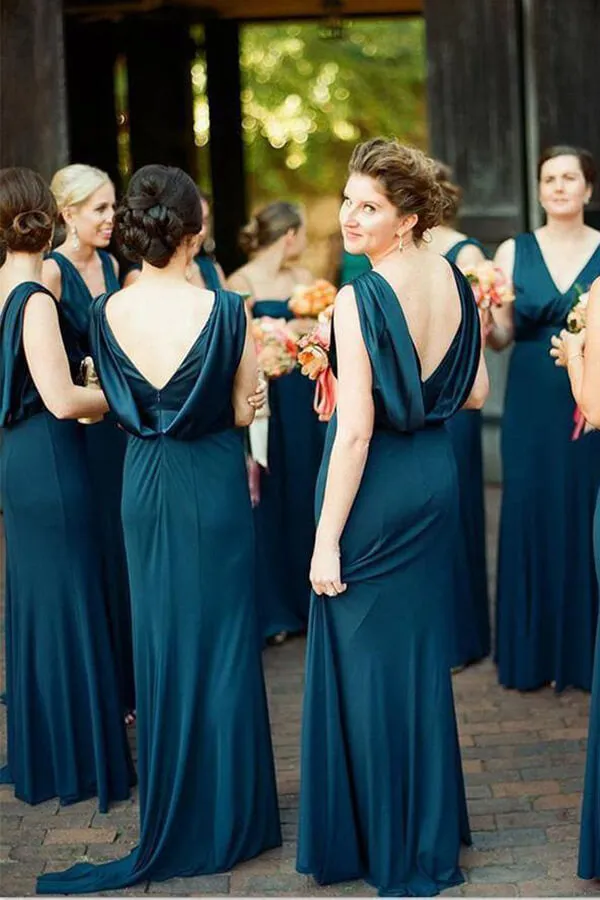 Dark Teal Green A-line V-neck Backless Long Bridesmaid Dress With Train, BD120