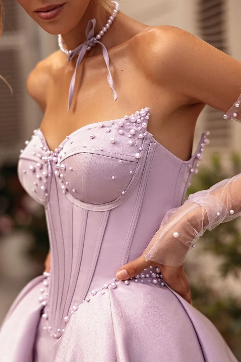 Deacon | A-Line Lilac Sweetheart Satin Long Corset Prom Dress with Slit (Gloves are not Included)