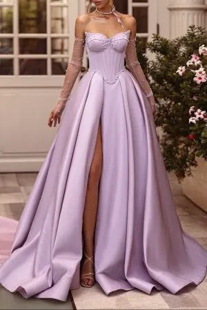 Deacon | A-Line Lilac Sweetheart Satin Long Corset Prom Dress with Slit (Gloves are not Included)