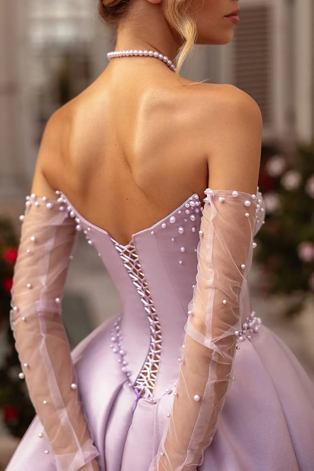 Deacon | A-Line Lilac Sweetheart Satin Long Corset Prom Dress with Slit (Gloves are not Included)