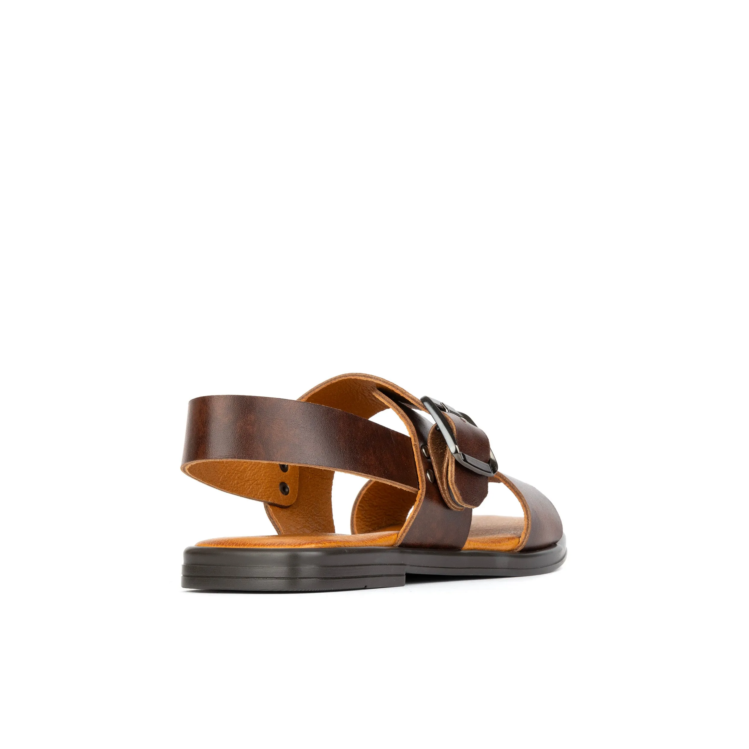 Dixon - Brown - Women's flat leather sandals with wide double straps