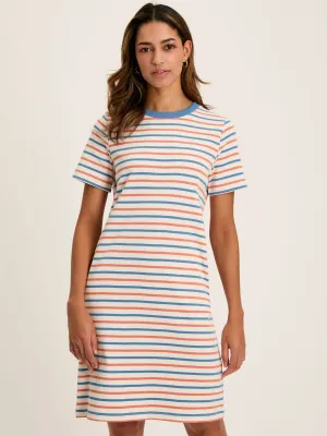 Eden Coral & Blue Striped Short Sleeve Jersey Dress With Pockets